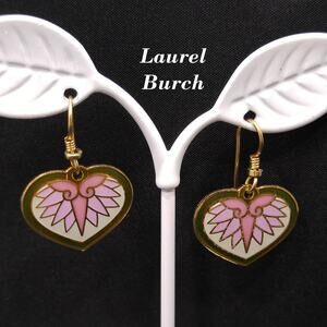 Vintage Laurel Burch Hollyhock Floral Earrings, Gold Plated, Pink Green White